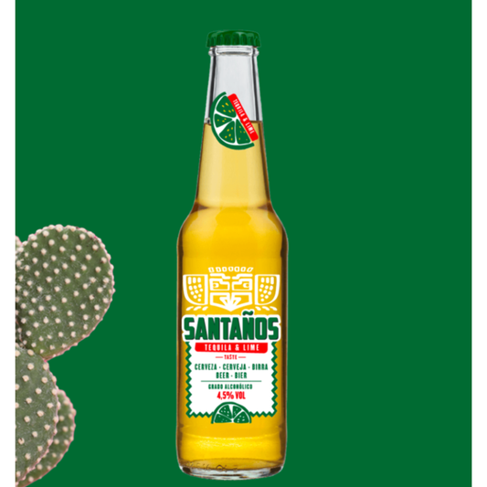 CERVEJA SANTAÑOS TEQUILA & LIME 0.33 em garrafa, com sabor a tequila e lima, teor alcoólico 4.5%.