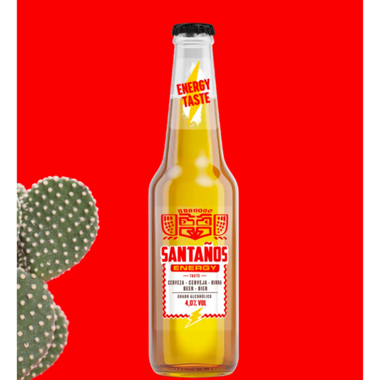 CERVEJA SANTAÑOS ENERGY ESTILO MEXICANO 0.33L em garrafa, com fundo vermelho e cacto ao lado.
