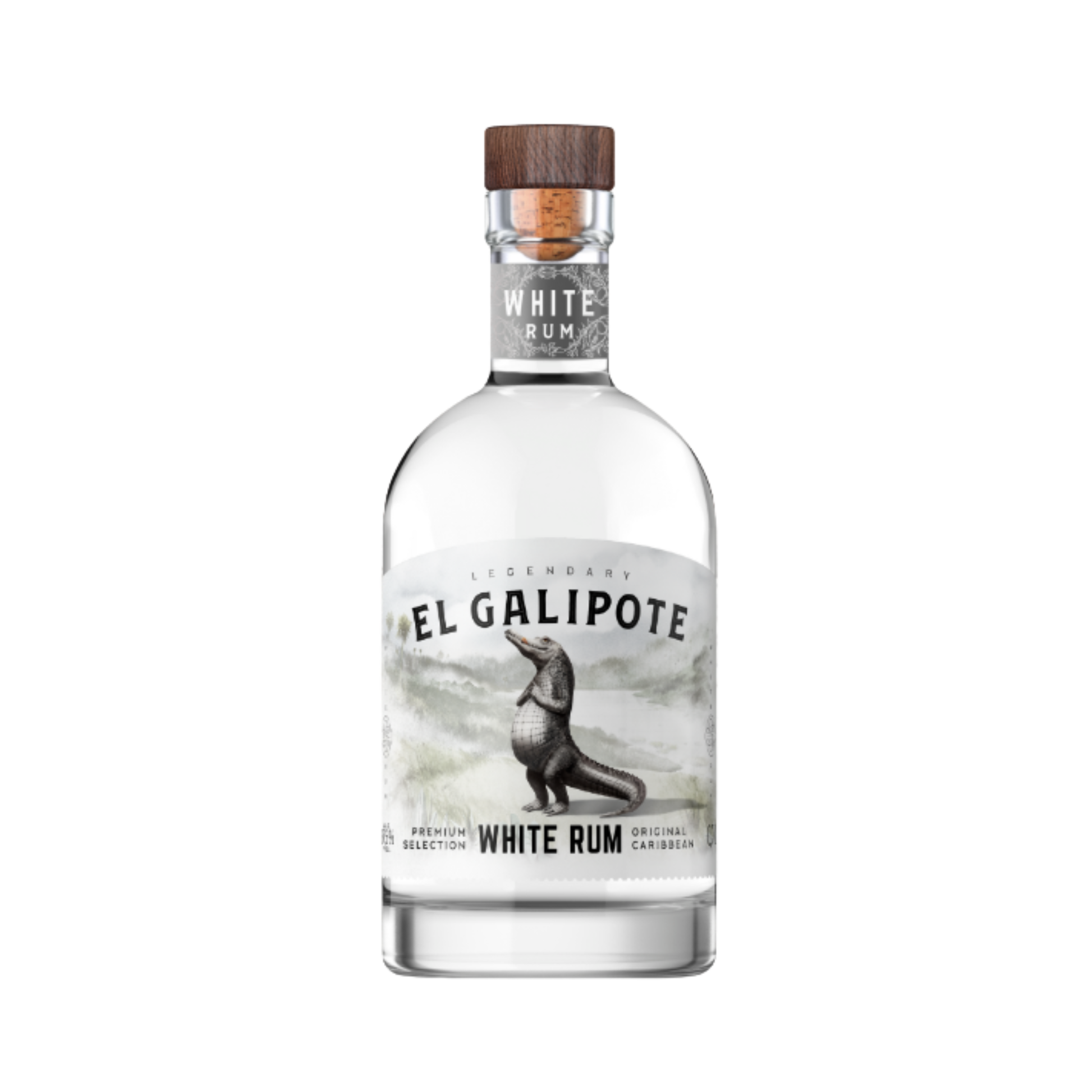 Garrafa de EL GALIPOTE WHITE RUM DAS CARAÍBAS 0.70L com rótulo detalhado e tampa de madeira.