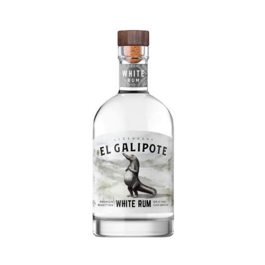 Garrafa de EL GALIPOTE WHITE RUM DAS CARAÍBAS 0.70L com rótulo detalhado e tampa de madeira.