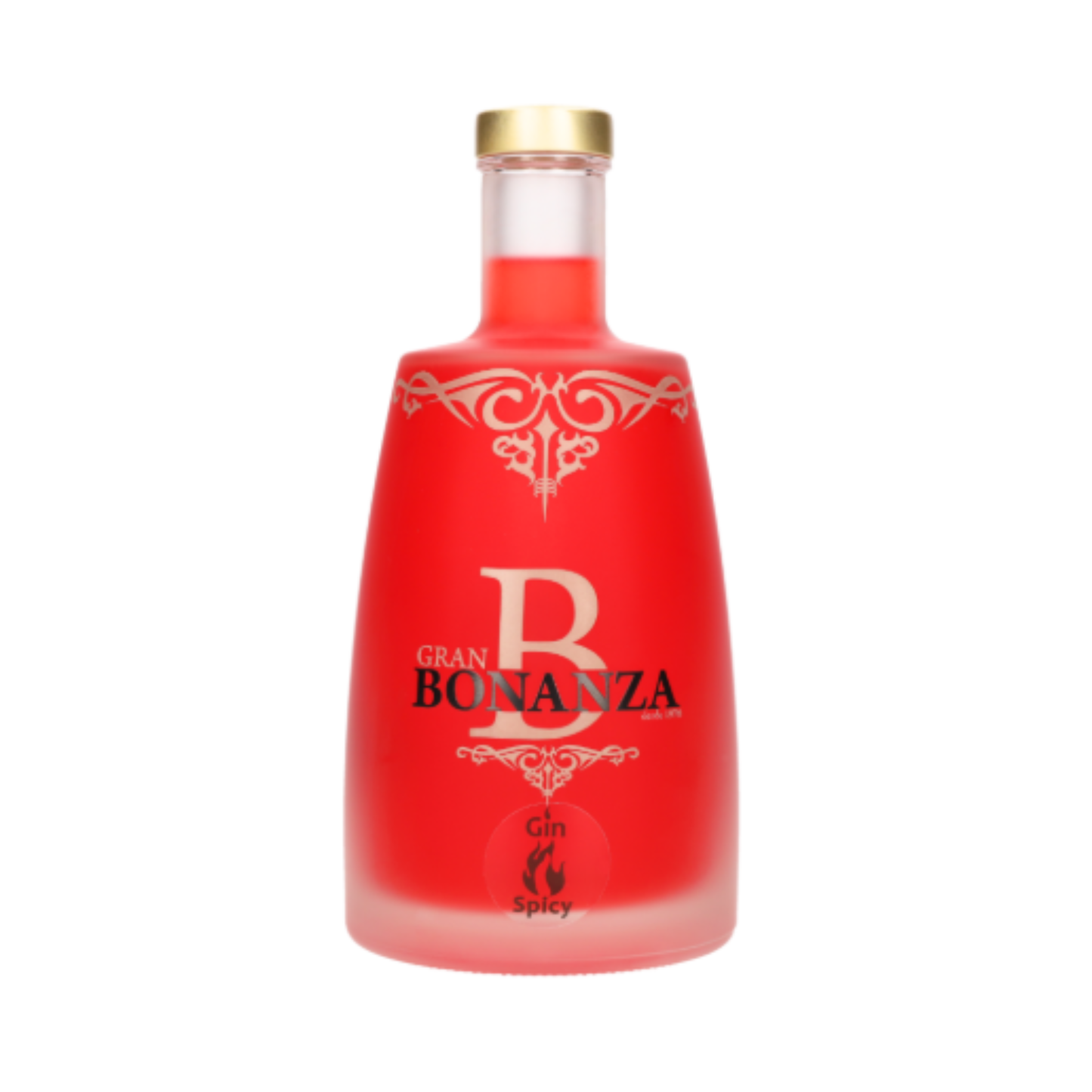 GIN GRAN BONANZA SPICY 0.50L PICANTE - Garrafa de gin com tonalidade vermelha e detalhes elegantes.