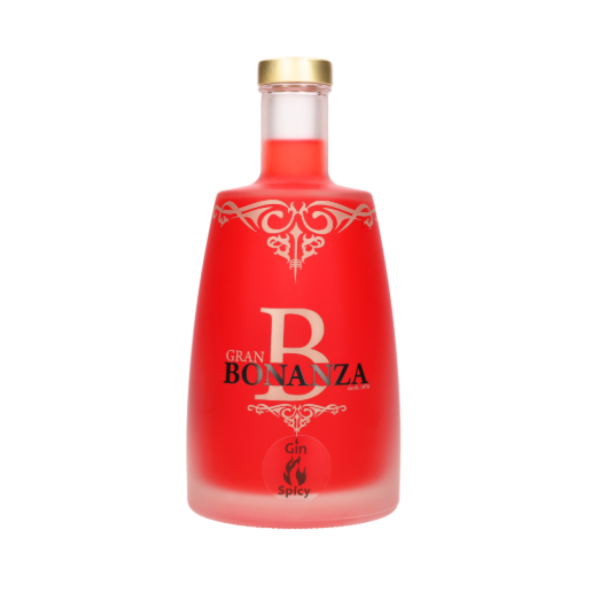 GIN GRAN BONANZA SPICY 0.50L PICANTE - Garrafa de gin com tonalidade vermelha e detalhes elegantes.