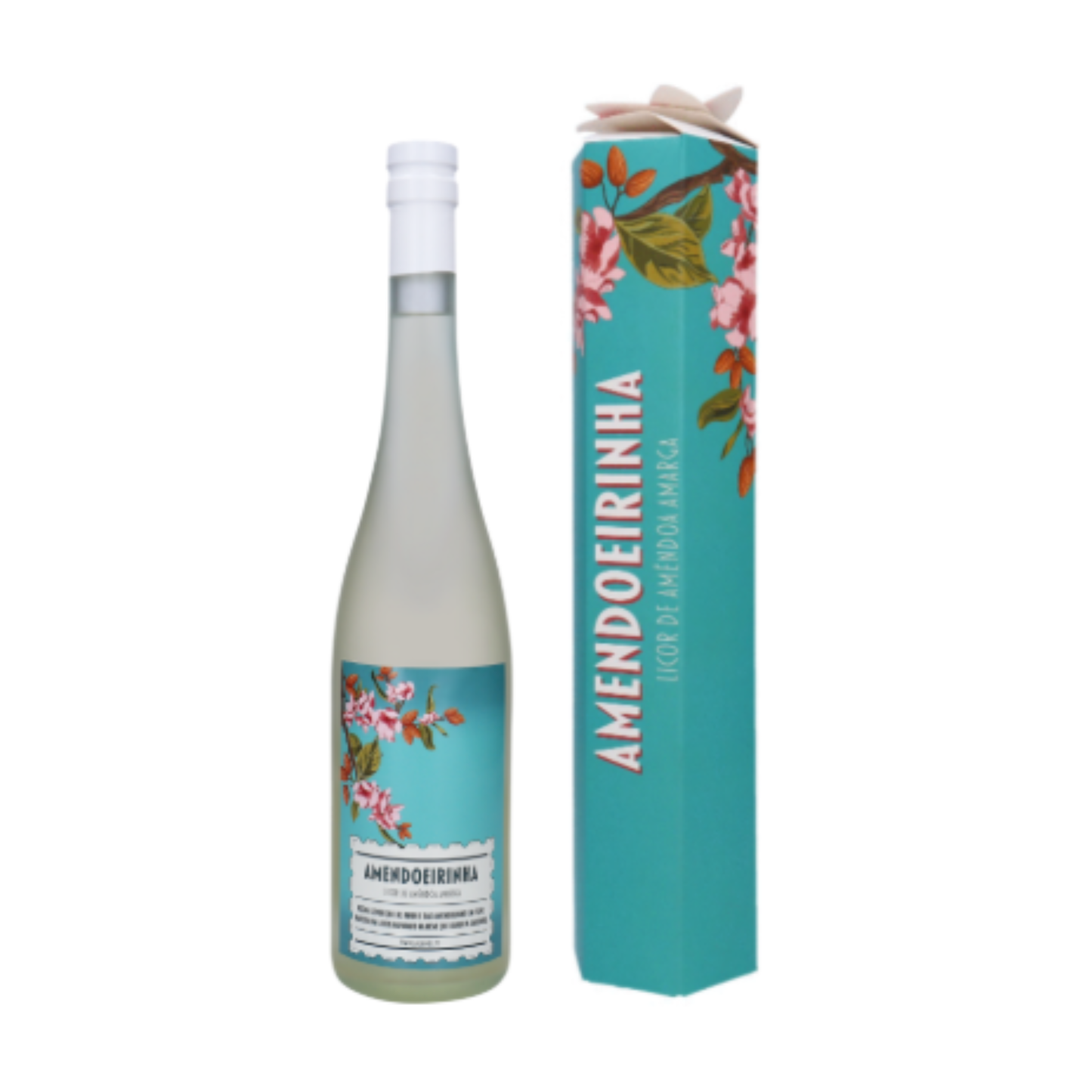 LICOR DE AMÊNDOA AMARGA AMENDOEIRINHA 0.70 embalagem e garrafa decorativa com flores.