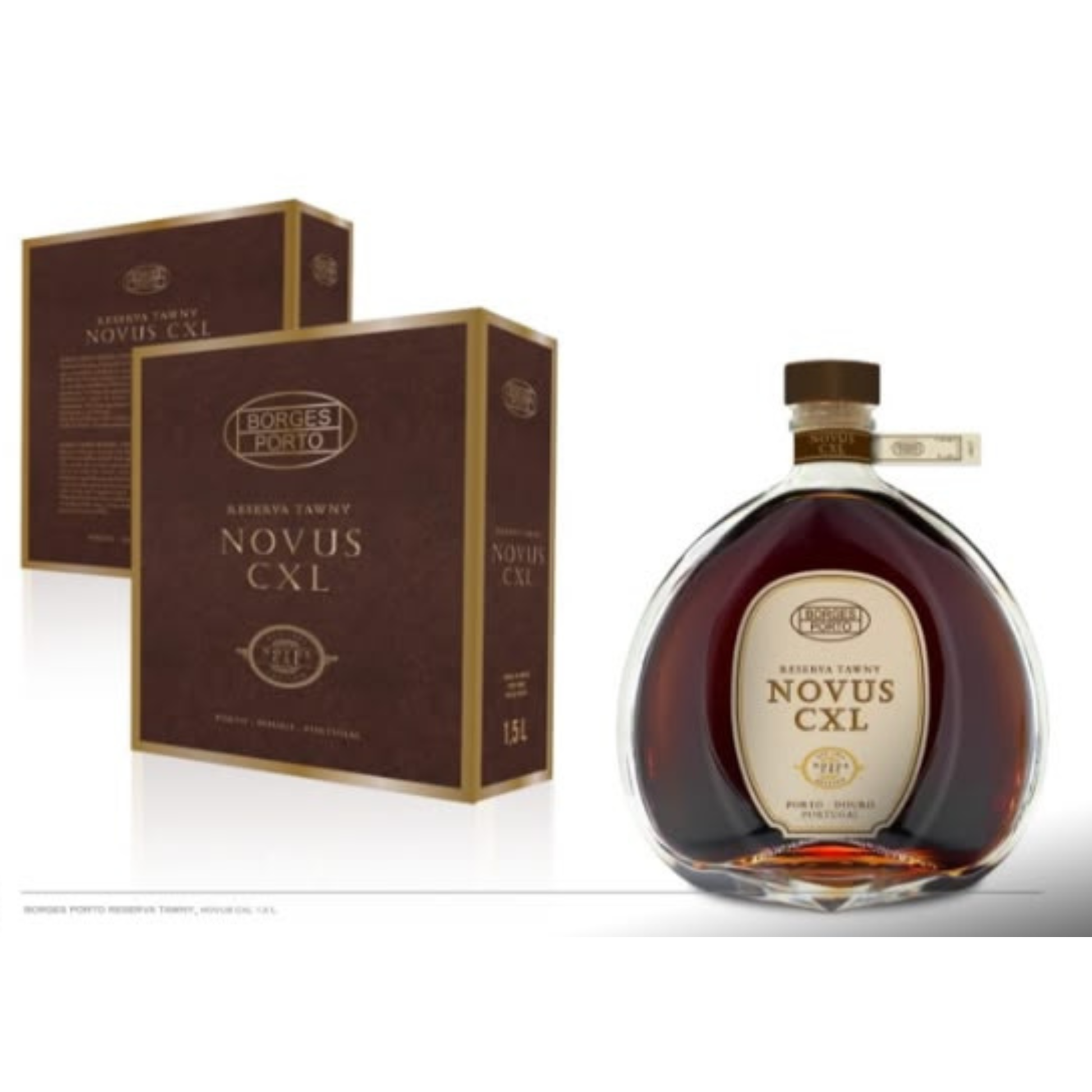 Vinho do Porto Borges Reserva Tawny Novus CLX 1.50L com embalagem, garrafa elegante e rótulo destacando a marca.