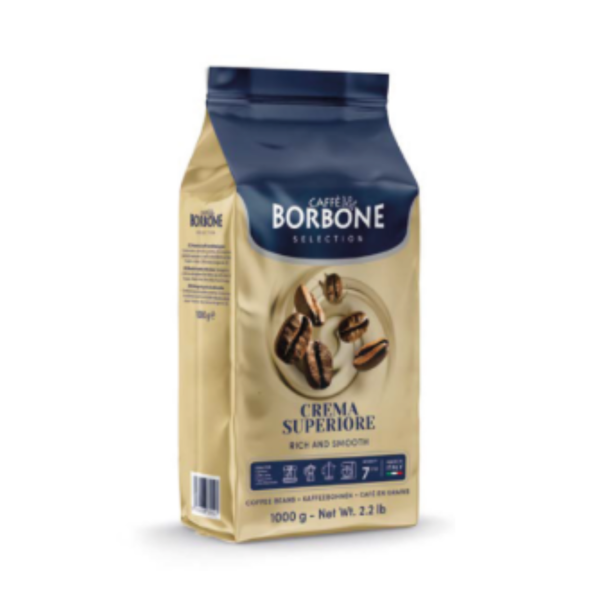 Pacote de Caffé Borbone Crema Superiore 1kg, com grãos de café ricos e cremosos.