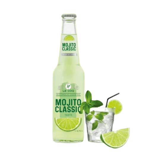 LeCoq Cocktail MOJITO Classic 0.33L em garrafa com limão e bebida refrescante ao lado.