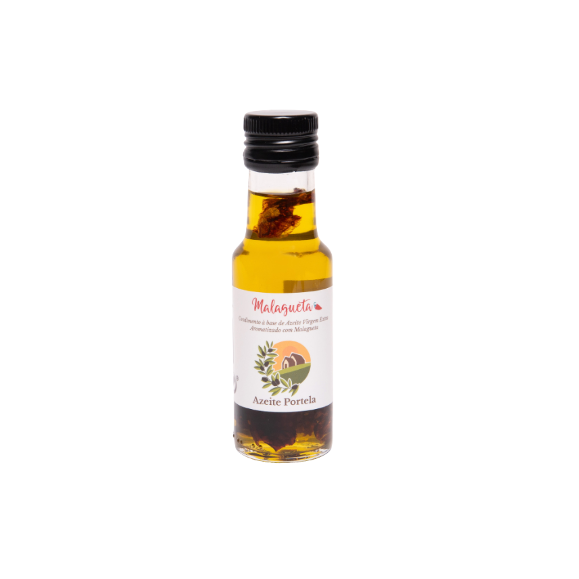 Condimento à Base de Azeite Virgem Extra Aromatizado com Malagueta em garrafa de vidro da marca Azeite Portela.