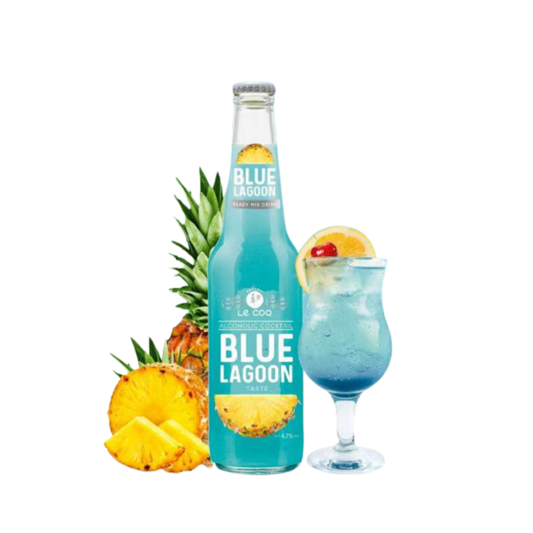 LeCoq Cocktail Blue Lagoon 0.33L com abacaxis e uma bebida em copo.
