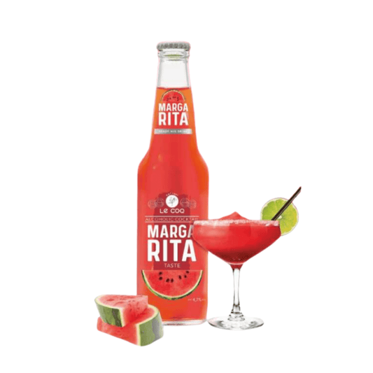 LeCoq Cocktail MARGARITA 0.33L com melancia, servido em copo e garrafa.