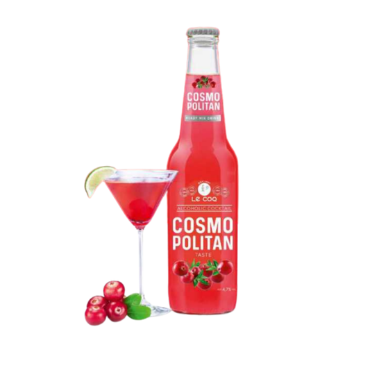 LeCoq Cocktail COSMOPOLITAN 0.33L em garrafa e copo com bebida, decorado com limão e arandos.