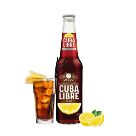 LeCoq Cocktail CUBA LIBRE 0.33L com limão, servido com gelo e canudo, refrescante e clássico.