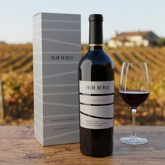 Folha do Meio Grande Reserva Tinto com caixa em ambiente comercial