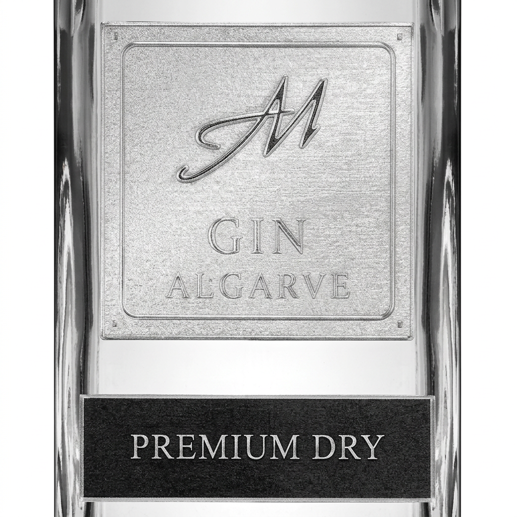 Pormenor aproximado dos rótulos Gin Algarve Premium Dry